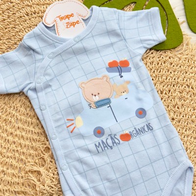 Kit 3 Peças - Bodys Manga Curta Ursos Maçãs Orgânicas - Azul Bebê, Off White e Areia